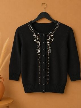 Embellished Black Button-Up Sweater Cardigan